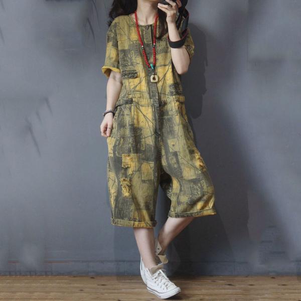 Artistic Printing Drawstring Playsuits Half Sleeve Baggy Rompers