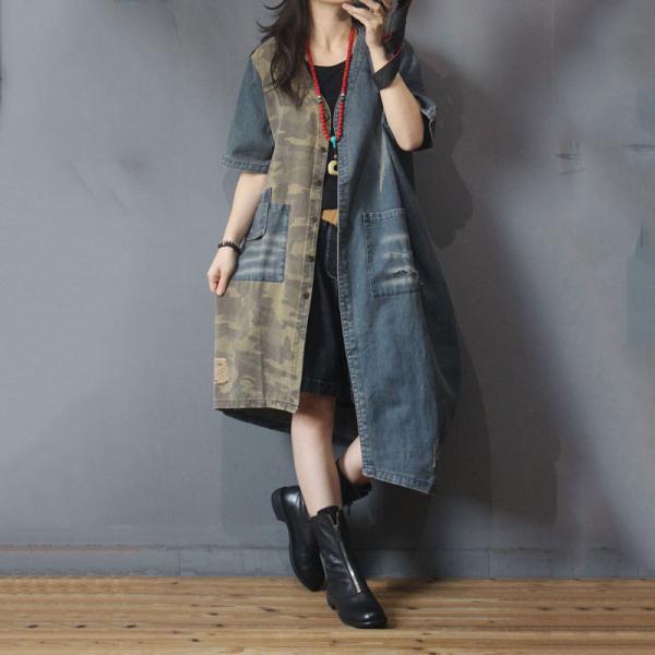 Blue Contrast Asymmetrical Outerwear Denim Camo Coat