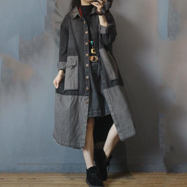 Color Patchwork Long Sleeve Coat Denim Frayed Outerwear