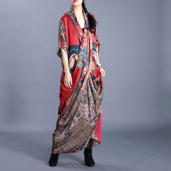 Flowers Printed Chest Cross Red Dress Silk Modest Maxi Dress