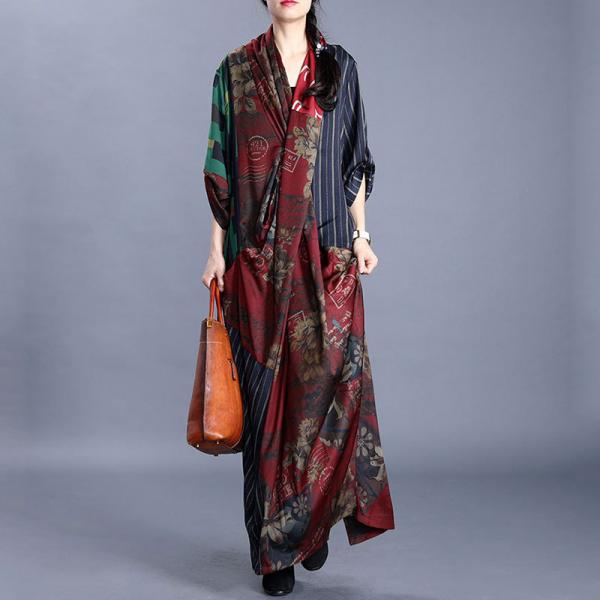 Over50 Style Loose Printed Dress Front Cross Chinese Dress