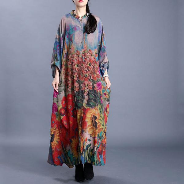 Sunflowers Printing Elegant Shirt Dress Silk H-Shaped Cardigan