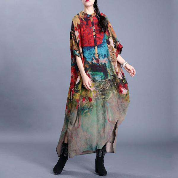 Hem Slit Bat Sleeve Vintage Caftan Silky Printing Shirt Dress