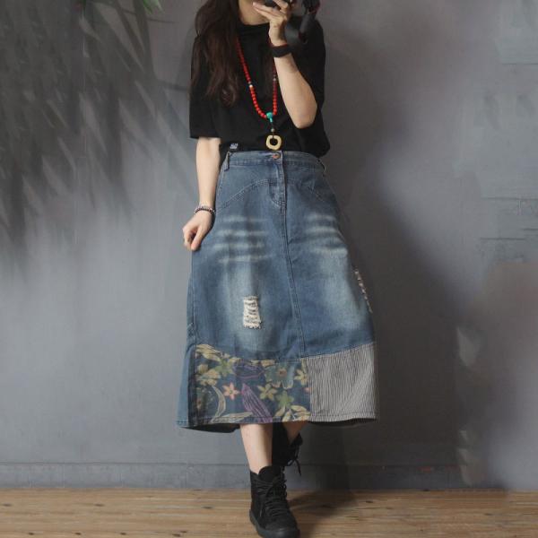 Vintage Printed Denim Maxi Skirt Striped Patchwork A-Line Skirt