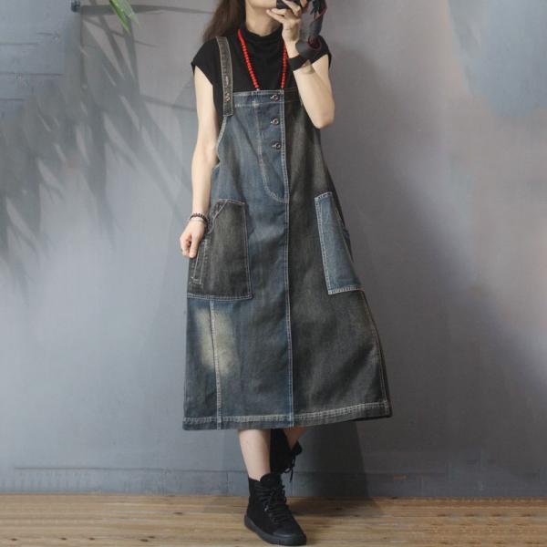 Black Contrast Button Down Denim Dress Overall A-Line Dress