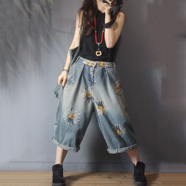 Summer Sunflowers Copped Pants Baggy Wide Leg Jeans