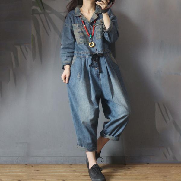 Drawstring Waist Camo Jumpsuits Denim Cargo Pants for Women