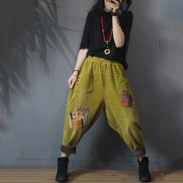 Printed Patchwork Solid Color Pants Vintage Corduroy Trousers