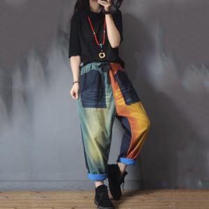 Colorful Corduroy Harem Pants Baggy  Patchwork Quilted Trousers