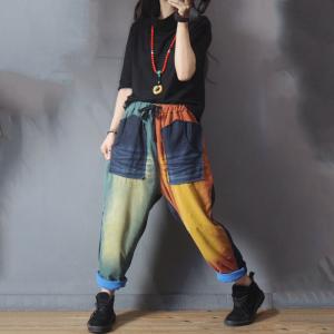 Colorful Corduroy Harem Pants Baggy  Patchwork Quilted Trousers