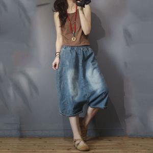 Summer Denim Cropped Trousers Embroidery Harem Jeans