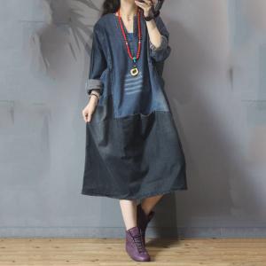 Blue Contrast Long Sleeve Denim Dress Plus Size Casual Frock