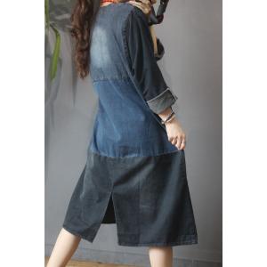 Blue Contrast Long Sleeve Denim Dress Plus Size Casual Frock