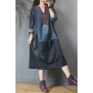 Blue Contrast Long Sleeve Denim Dress Plus Size Casual Frock