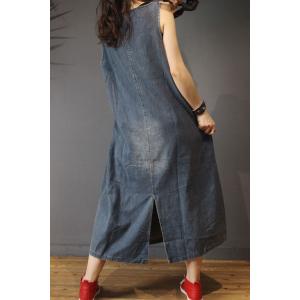 V-Neck Loose Denim Sundress Back Slits Comfy Dress