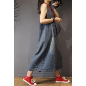 V-Neck Loose Denim Sundress Back Slits Comfy Dress