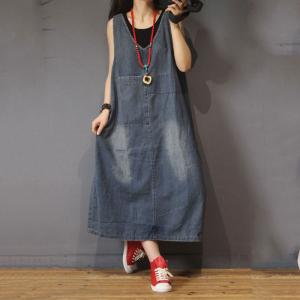 V-Neck Loose Denim Sundress Back Slits Comfy Dress