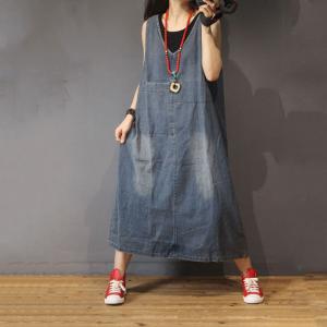 V-Neck Loose Denim Sundress Back Slits Comfy Dress