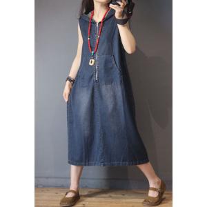 Front Zip Sleeveless Denim Dress Loose Hooded Dress