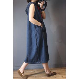 Front Zip Sleeveless Denim Dress Loose Hooded Dress