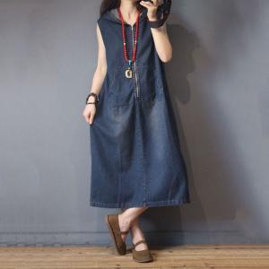 Front Zip Sleeveless Denim Dress Loose Hooded Dress