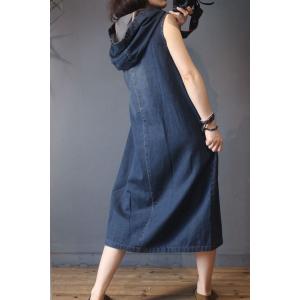 Front Zip Sleeveless Denim Dress Loose Hooded Dress