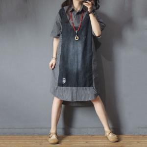 Denim Patchwork Oversized Shirt Dress Long Sleeve Striped Dress