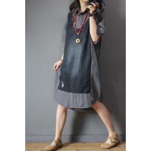 Denim Patchwork Oversized Shirt Dress Long Sleeve Striped Dress