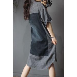 Denim Patchwork Oversized Shirt Dress Long Sleeve Striped Dress