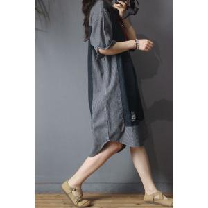 Denim Patchwork Oversized Shirt Dress Long Sleeve Striped Dress