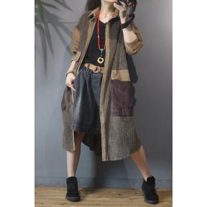 Button Up Corduroy Overcoat Flap Pockets Plus Size Coat