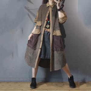 Button Up Corduroy Overcoat Flap Pockets Plus Size Coat