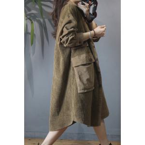 Button Up Corduroy Overcoat Flap Pockets Plus Size Coat