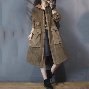 Button Up Corduroy Overcoat Flap Pockets Plus Size Coat