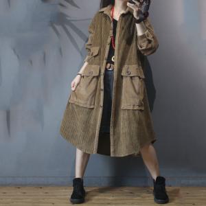 Button Up Corduroy Overcoat Flap Pockets Plus Size Coat