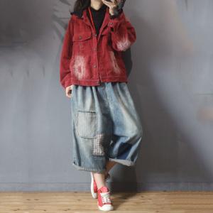 Flap Pockets Corduroy Jackets Womens Hooded Top