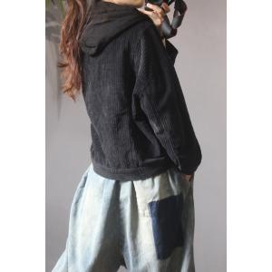 Flap Pockets Corduroy Jackets Womens Hooded Top