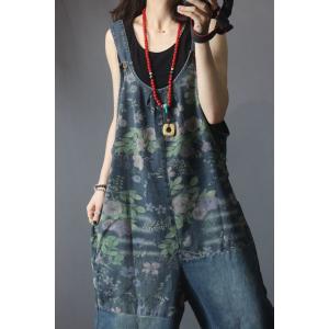 Flowers Pattern Wide Leg Dungarees Relax Fit Denim 90s Overalls