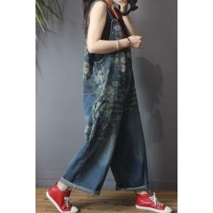 Flowers Pattern Wide Leg Dungarees Relax Fit Denim 90s Overalls