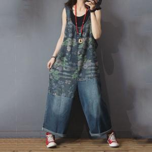 Flowers Pattern Wide Leg Dungarees Relax Fit Denim 90s Overalls