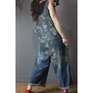 Flowers Pattern Wide Leg Dungarees Relax Fit Denim 90s Overalls