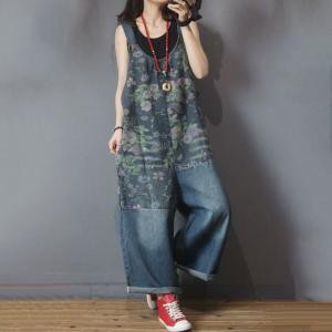 Flowers Pattern Wide Leg Dungarees Relax Fit Denim 90s Overalls