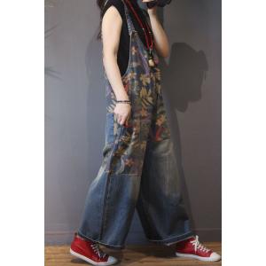 U-Neck Floral Bib Overalls Womens Wide Leg Dungarees