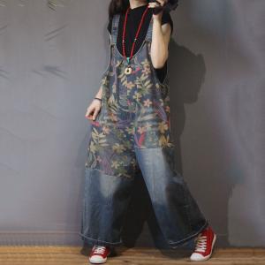 U-Neck Floral Bib Overalls Womens Wide Leg Dungarees