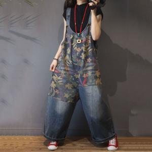 U-Neck Floral Bib Overalls Womens Wide Leg Dungarees