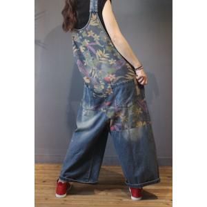 U-Neck Floral Bib Overalls Womens Wide Leg Dungarees