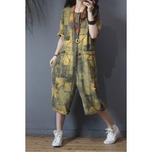 Artistic Printing Drawstring Playsuits Half Sleeve Baggy Rompers