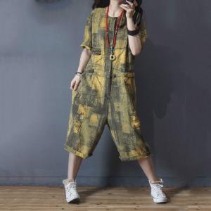 Artistic Printing Drawstring Playsuits Half Sleeve Baggy Rompers