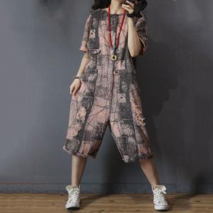 Artistic Printing Drawstring Playsuits Half Sleeve Baggy Rompers