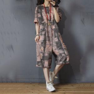 Artistic Printing Drawstring Playsuits Half Sleeve Baggy Rompers